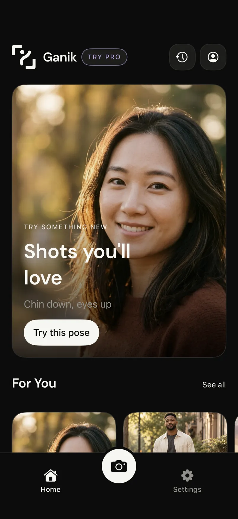 The Ganik home screen, featuring the pose “Chin down, eyes up” with a Try this pose button.
