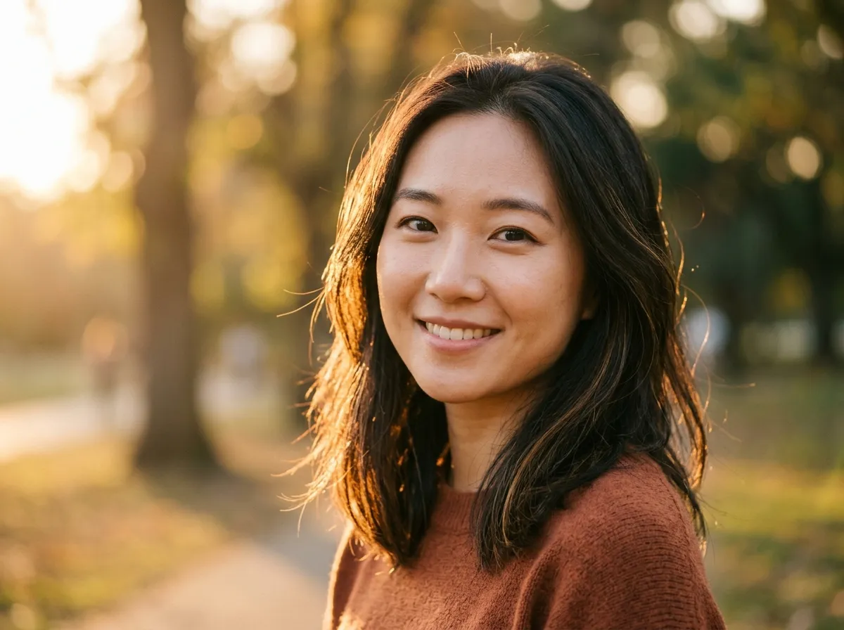 A smiling woman with shoulder-length hair in warm autumn backlight.