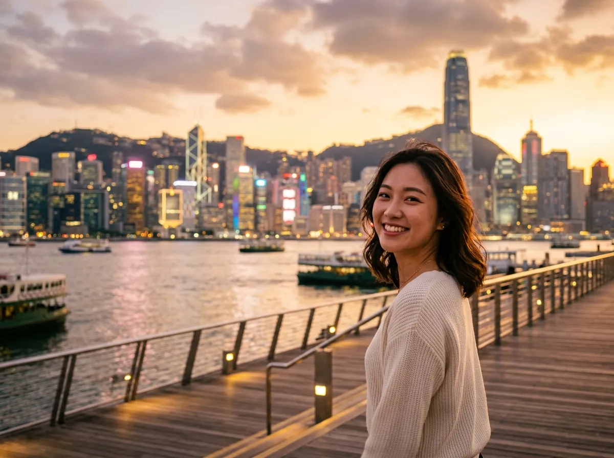 A woman on a waterfront boardwalk smiles back over her shoulder at golden hour, a city skyline behind her.