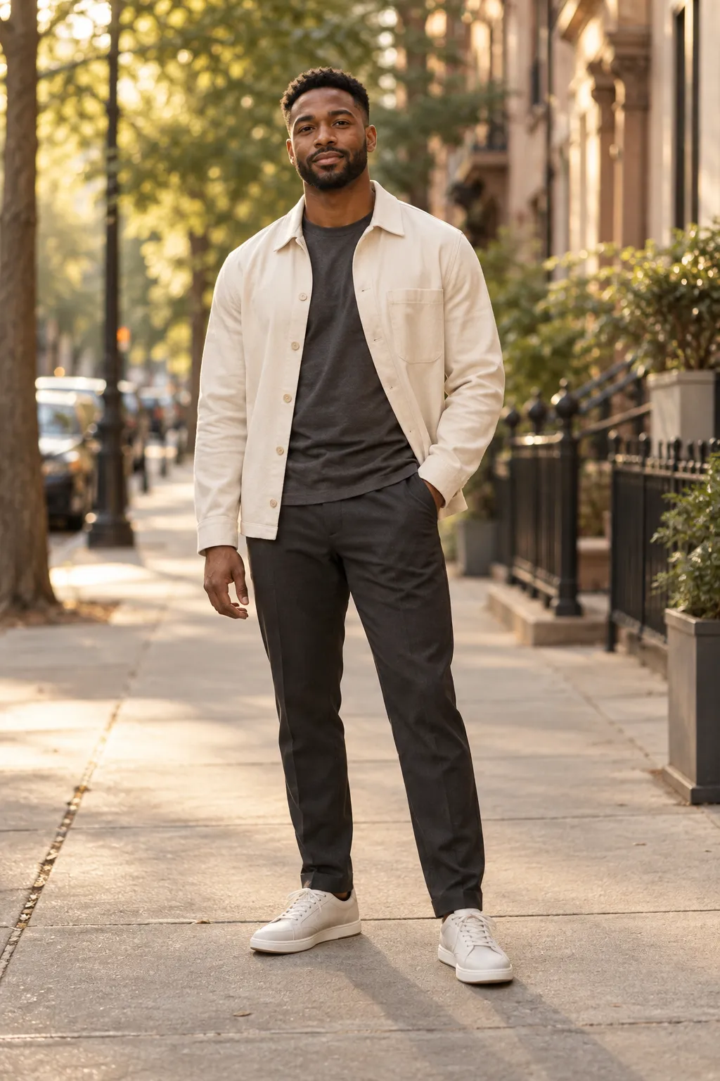 A man stands on a sunny tree-lined sidewalk, feet apart, one hand in his pocket, looking at the camera.