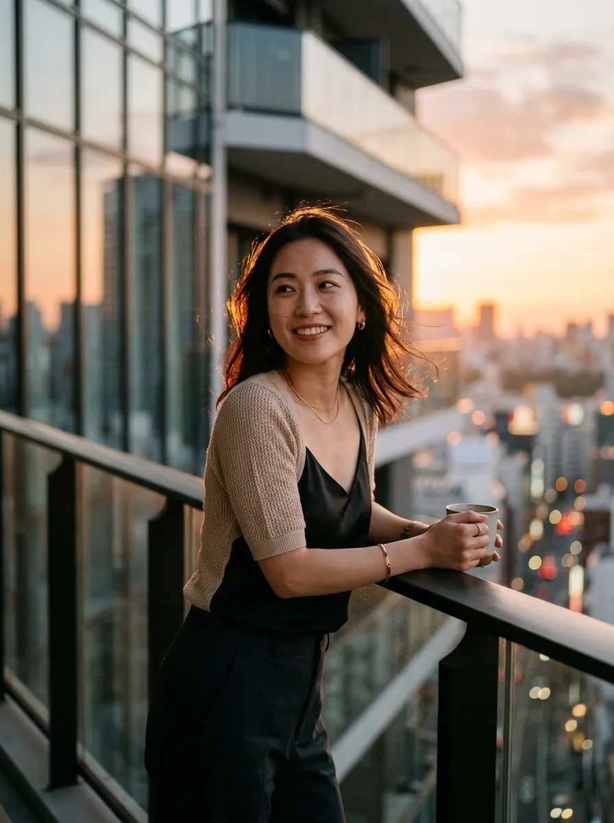 A woman leans on a balcony rail at sunset, holding a cup and smiling.